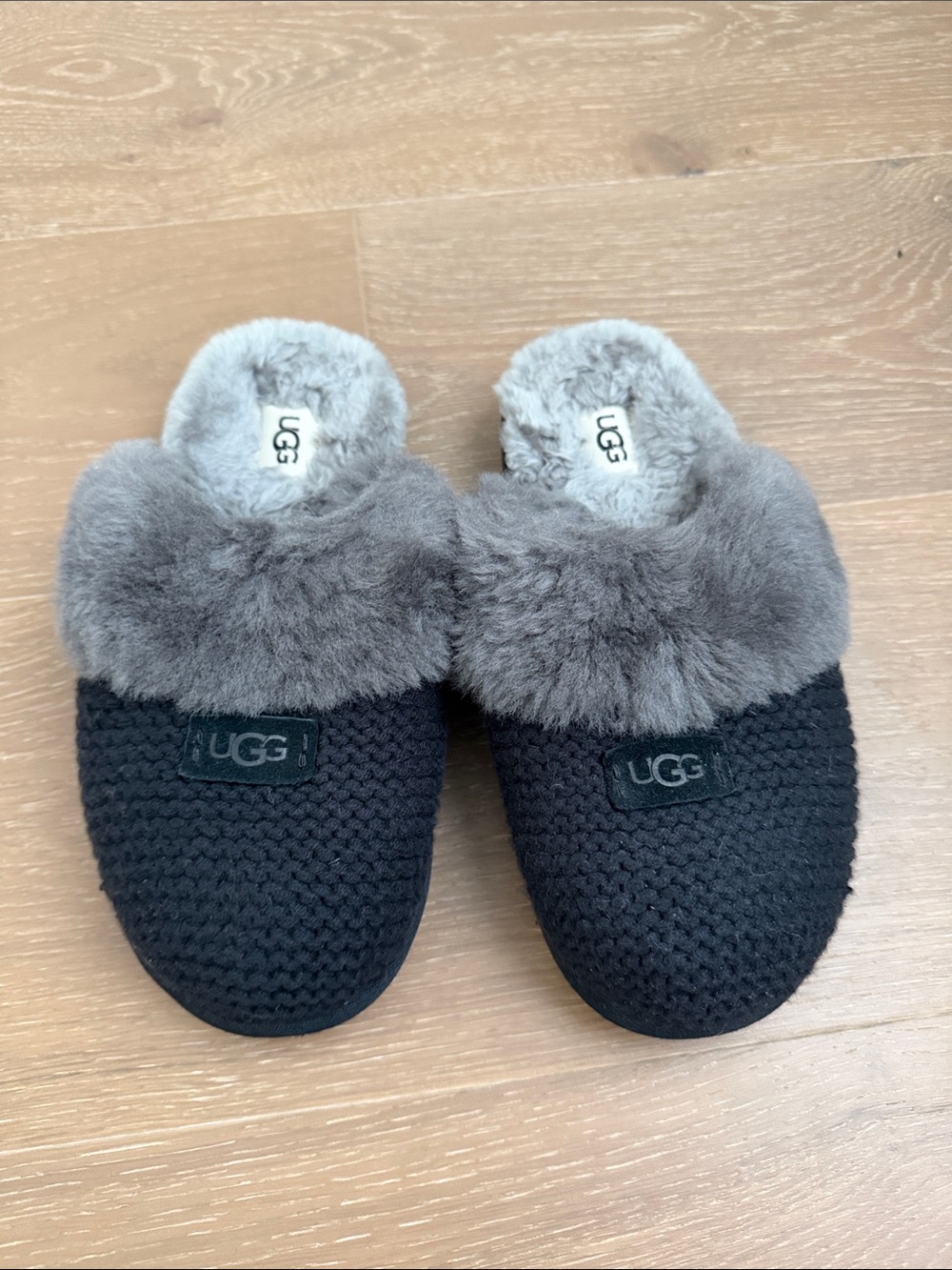 UGG Black Knit Slippers with Gray Shearling Cuff